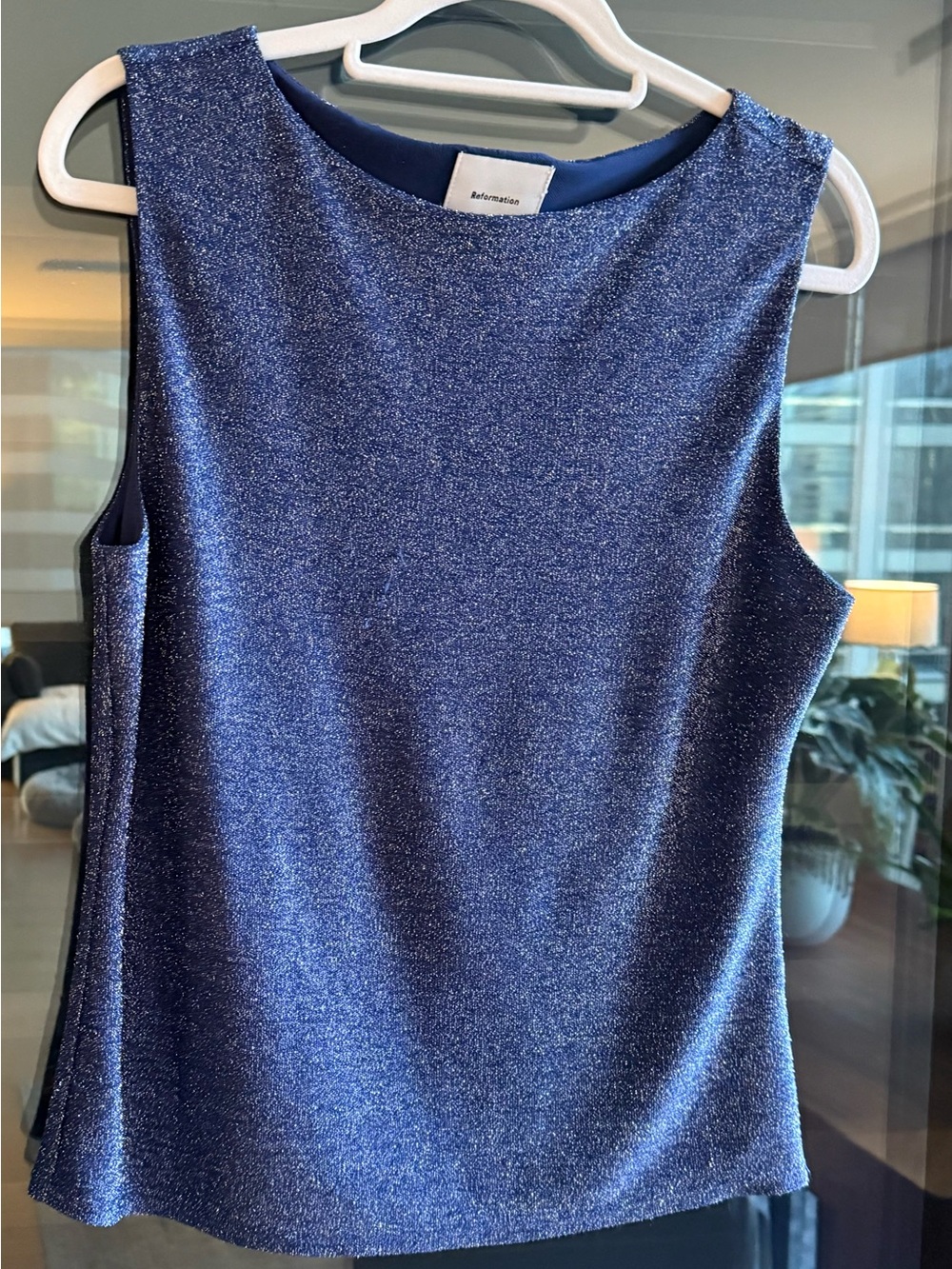 Reformation Dusk Knit Top in Navy Sparkle